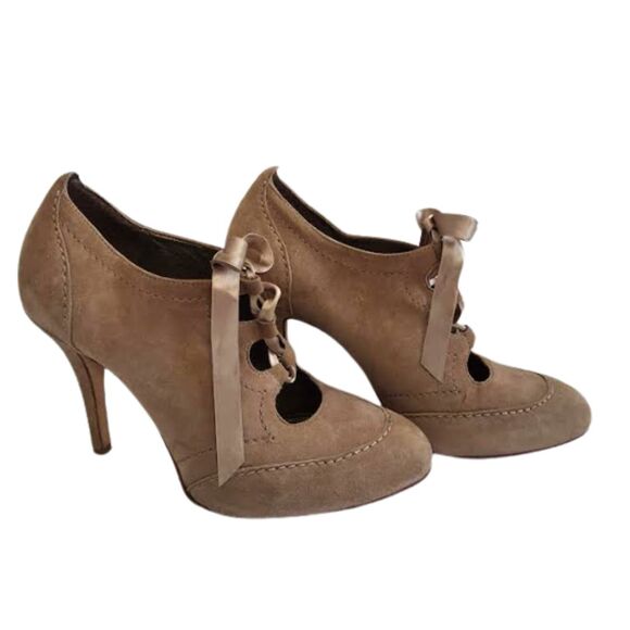 Talbots Booties Heels Suede Leather Tan Beige Lace Up Ribbon Retro Pinup Fall 8B - Picture 2 of 11